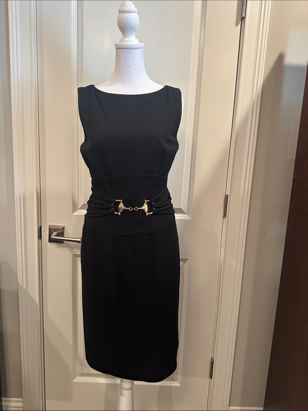 Cache Black Sleeveless Sheath Dress with Gold Buckle